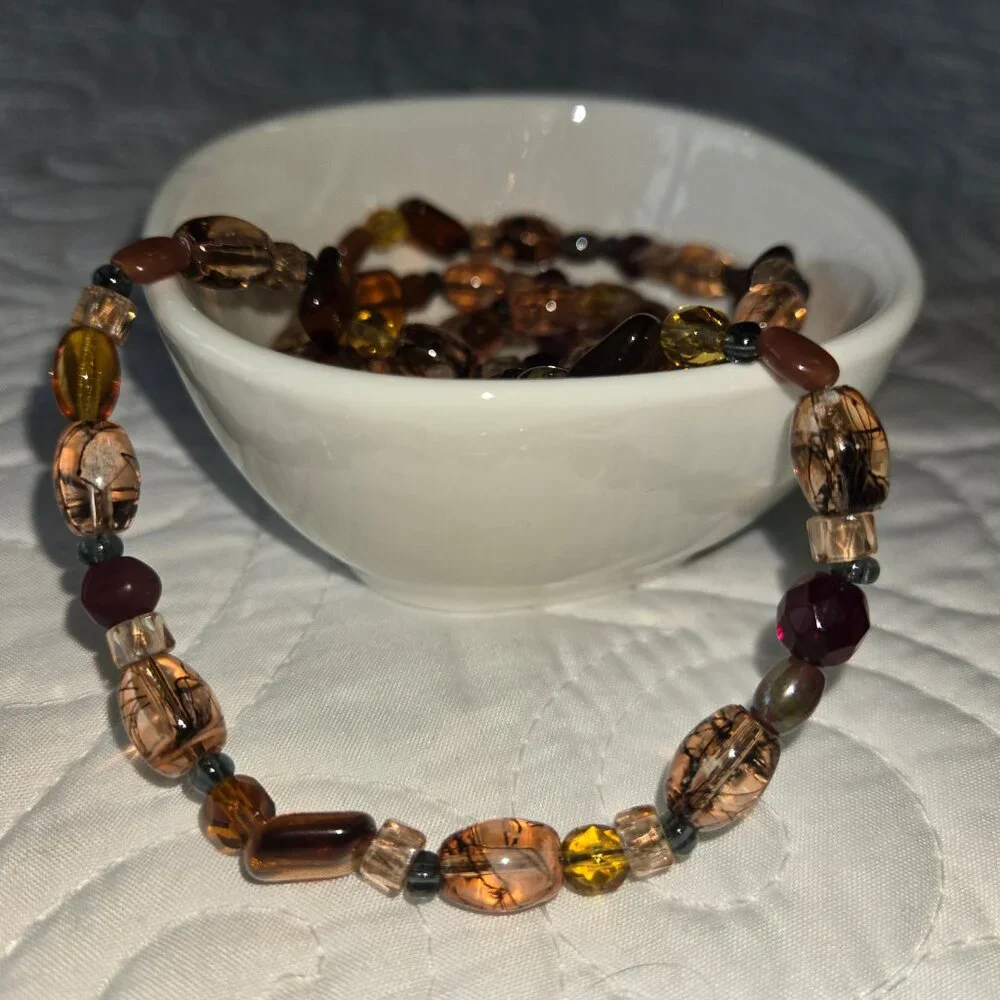 Handmade Beaded Necklace or Wrap Bracelet Brown, Red, Orange Bohemian - Picture 6 of 7
